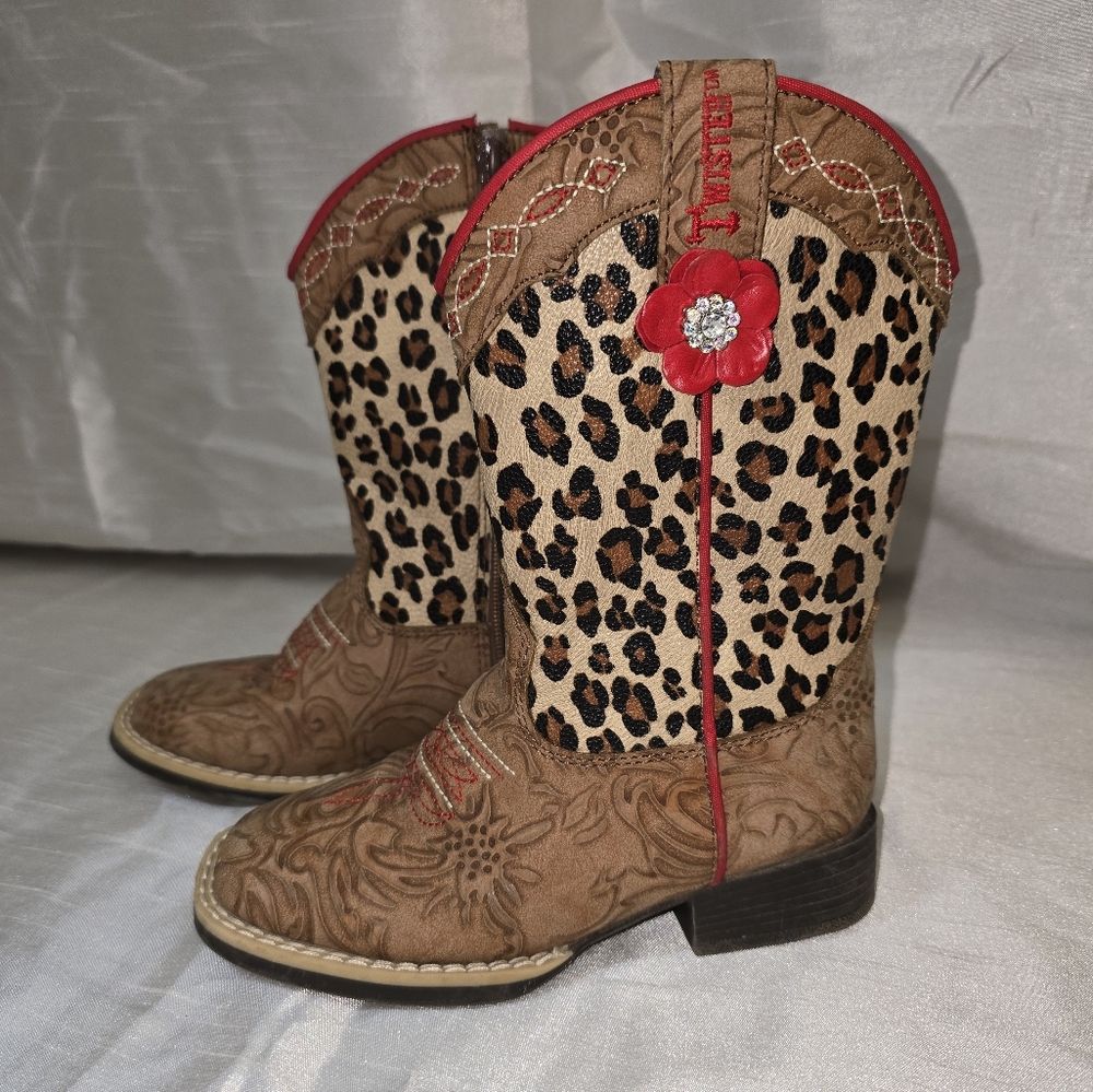 Twister Cowgirl Boots Girls size 10 Tan Floral & Leopard Print w/ Red Stitching